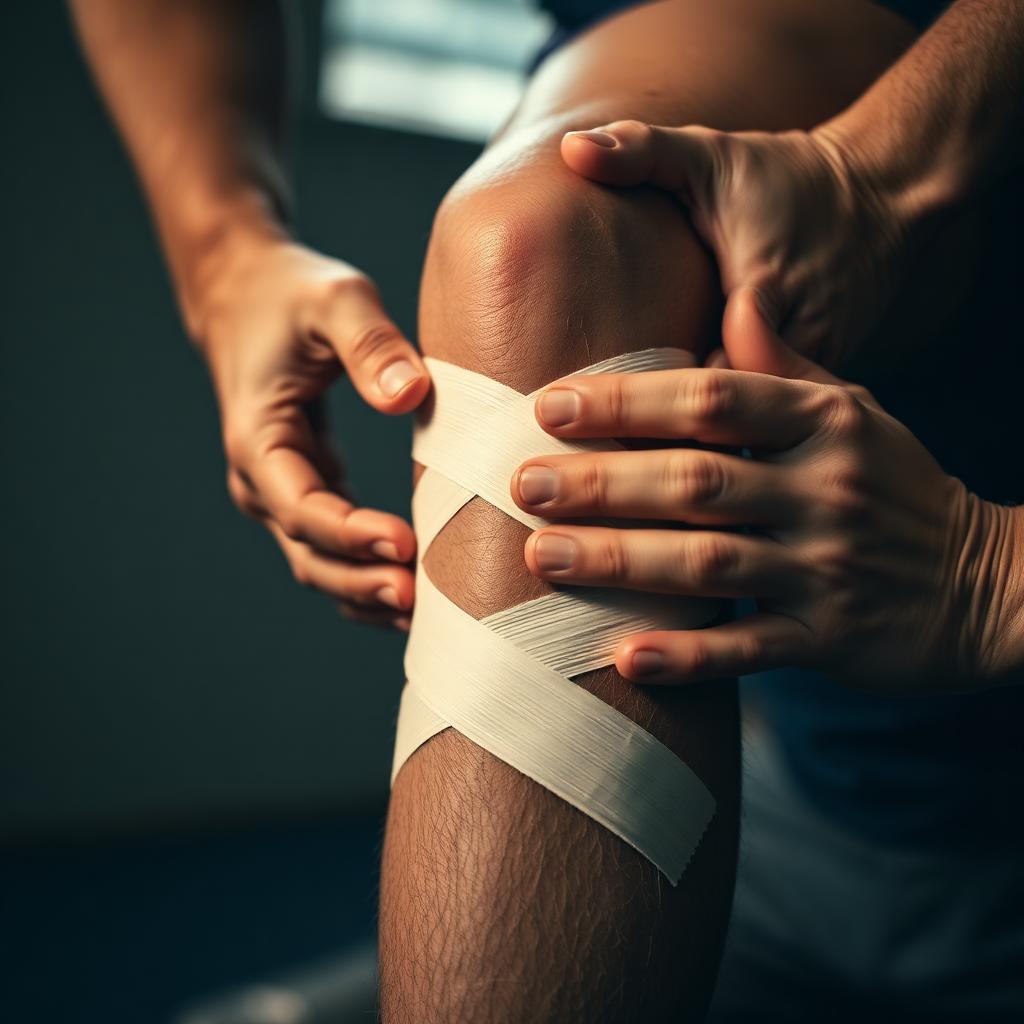 Physiotherapist supporting an athlete's knee during rehabilitation