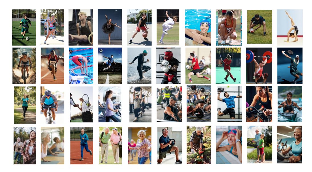 Collage of people running, swimming, cycling, lifting, dancing and playing sport